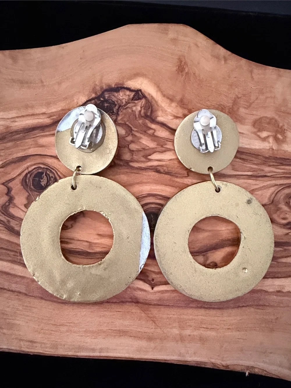 Vintage 1970’s Boho Teal and Gold Circular Clip On Statement Earrings